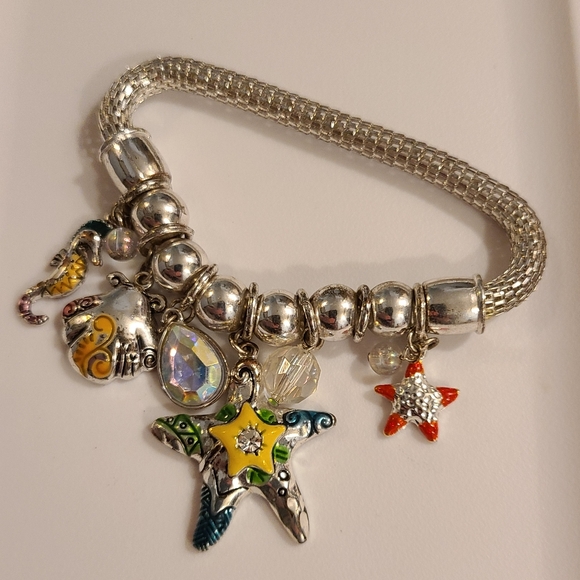 Sea ocean charm bracelet AB crystal starfish seahorse shells mesh stretch silver - Picture 6 of 11
